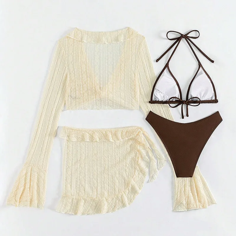 2025 femmes maillot de bain à manches longues couvrir maillots de bain Sexy quatre pièces été solide Bikini ensemble brésilien maillots de bain fête maillot de bain