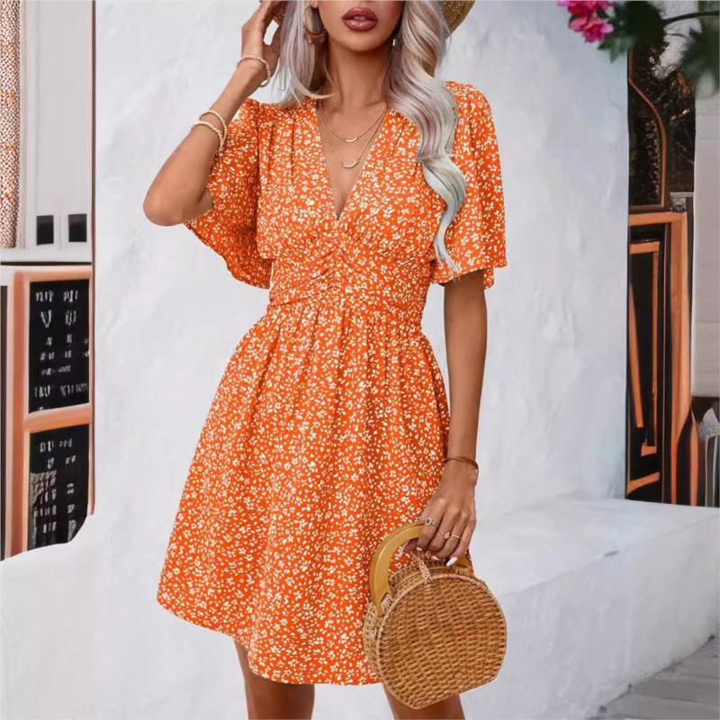 Mini robe plissée à fleurs fragmentées pour femmes, col en V, manches moyennes, imprimé, taille haute, élégante, nouvelle mode, été, éducatif