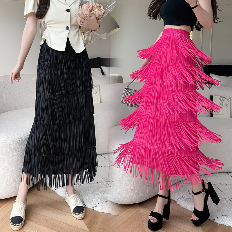 Jupe longue à franges avec doublure pour femme, taille élastique, ligne A, noir et blanc, mode printemps et été