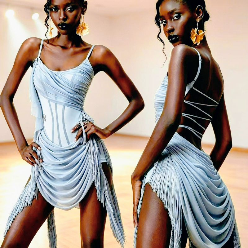 Robe de danse latine pour femmes, avec bretelles, maille ajourée et jupe à franges, pour la pratique et la performance de Cha Cha, Rumba, danse de scène et de salon