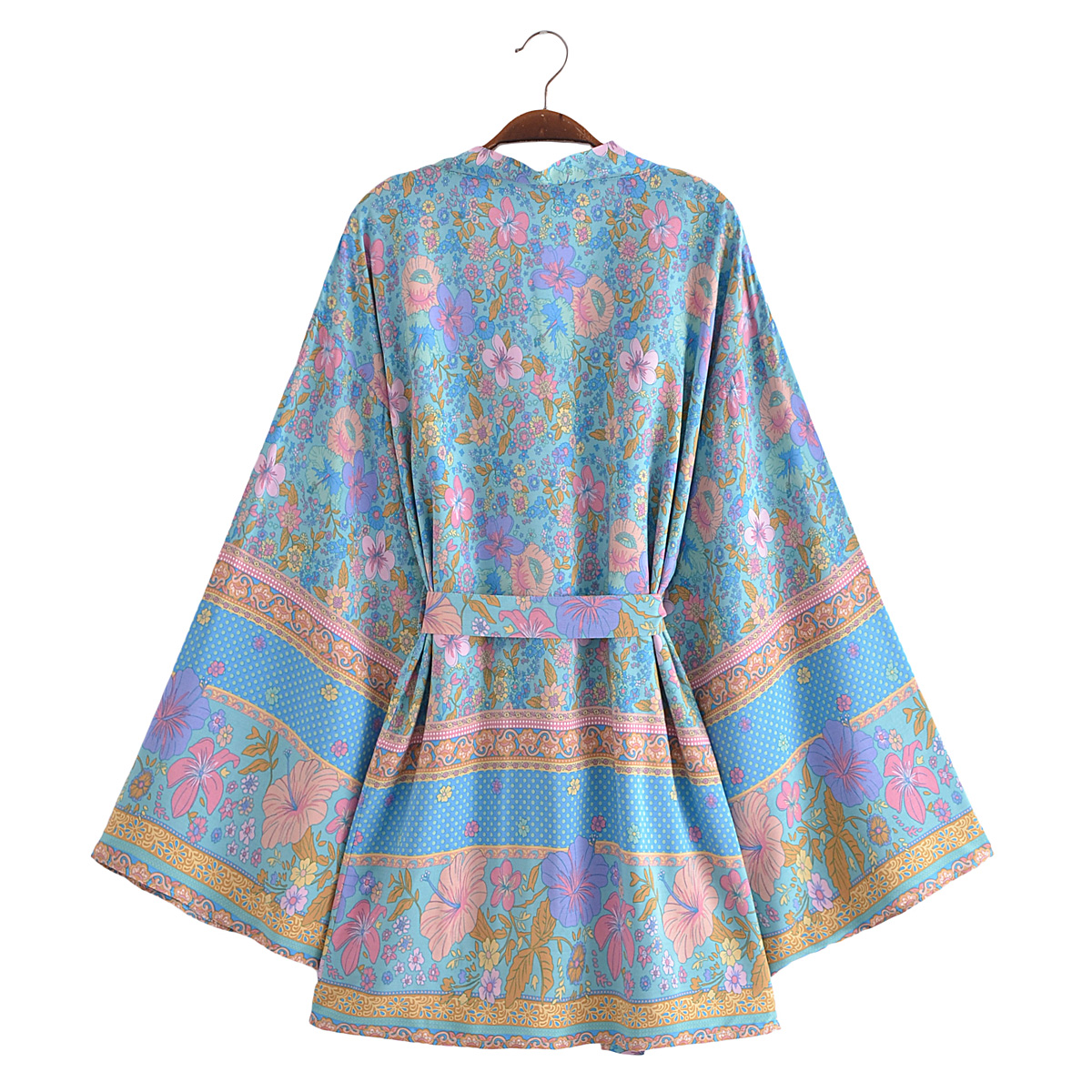 Kimono Bohème pour Femme, Imprimé Fleurs Bleues et Roses, avec Nœuds, Cardigan Mi-Long, Blouse d'Été, Cape de Plage