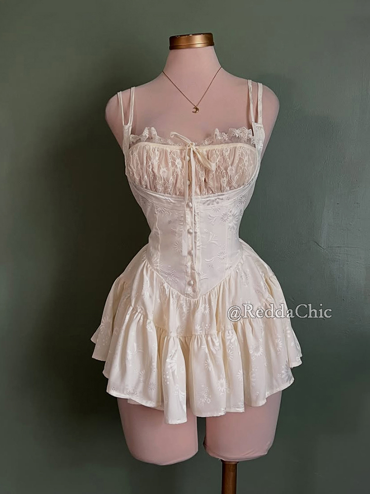 REDDACHiC Mini-robe rétro médiévale en satin et short en dentelle, combinaison-camisole corset fleuri style coquette, pour rendez-vous, soirée, été, vêtements pour femmes