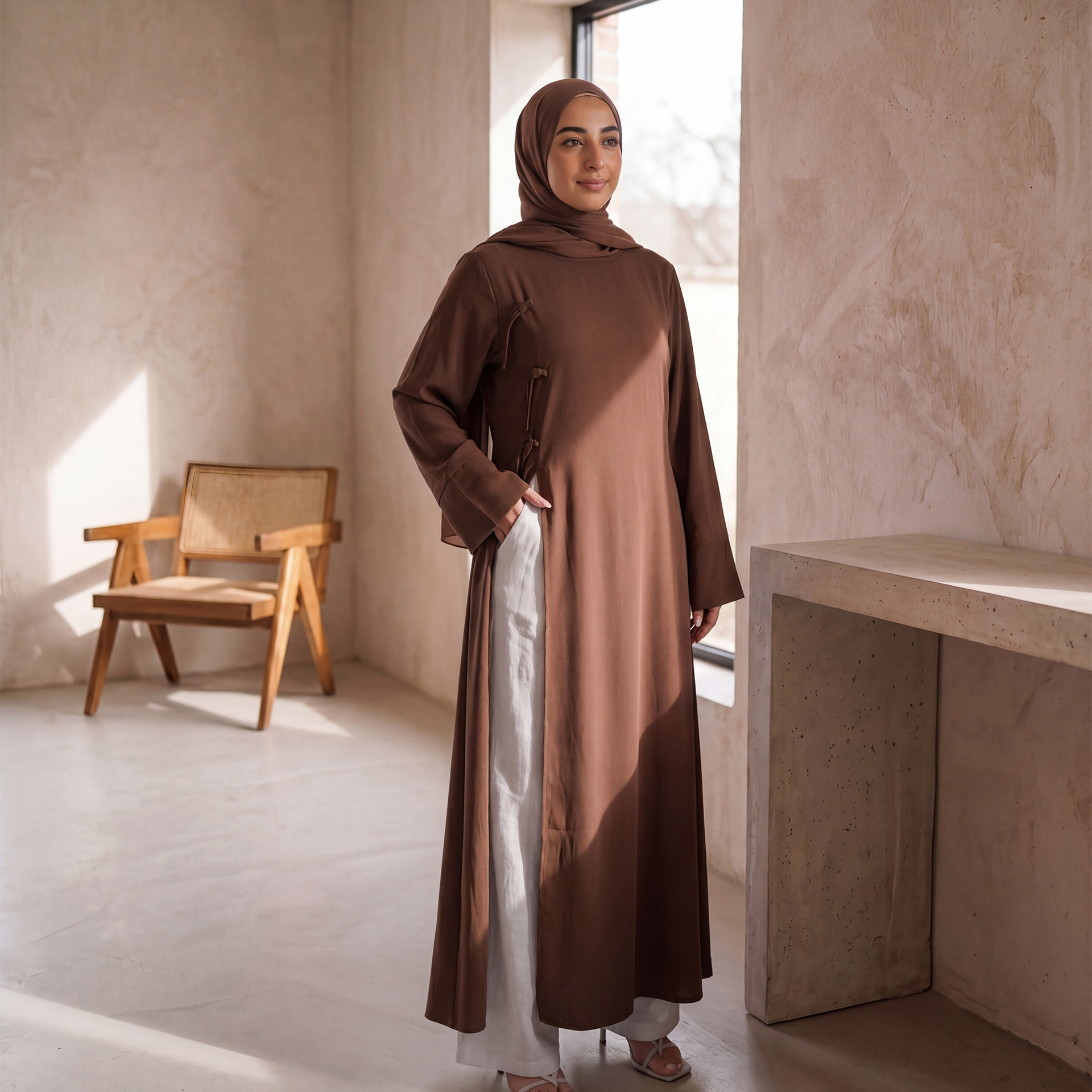 Abaya Longue Femme Musulmane Modeste pour l'Aïd, Blouse à Lacets Col Rond, Robe Maxi Ramadan Maroc Dubaï Islam Arabe Kaftan 2026