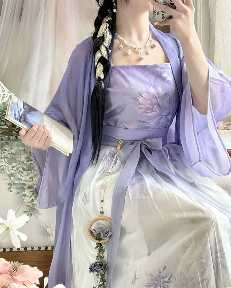 Robe Hanfu chinoise pour femmes, Costume de Cosplay de la dynastie des chansons, Cardigan Long violet, jupe Camisole violette
