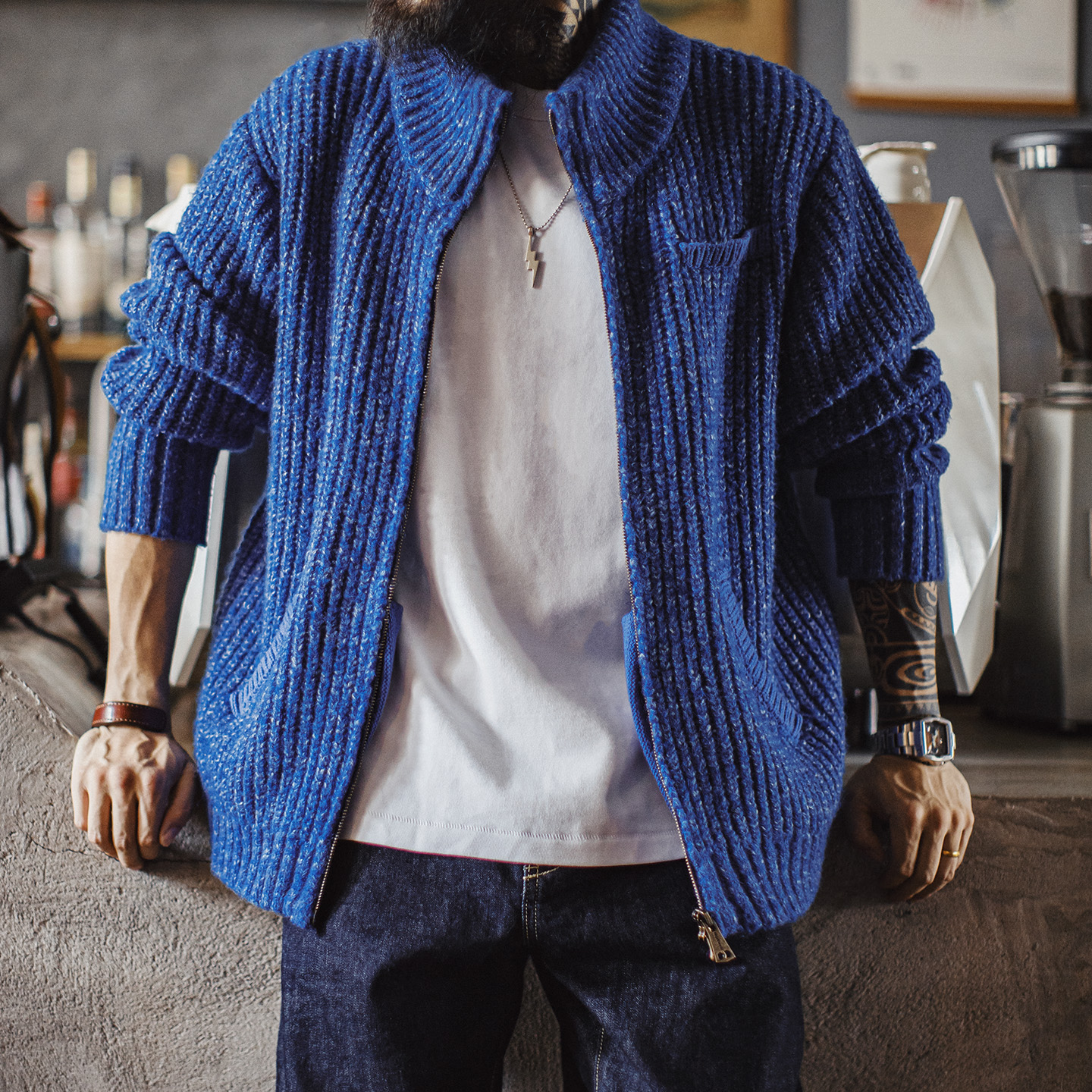 Maden décontracté bleu tricot Cardigan épaissi col haut thermique laine mélange chaud pull manteau pour hommes hiver Vintage veste à glissière