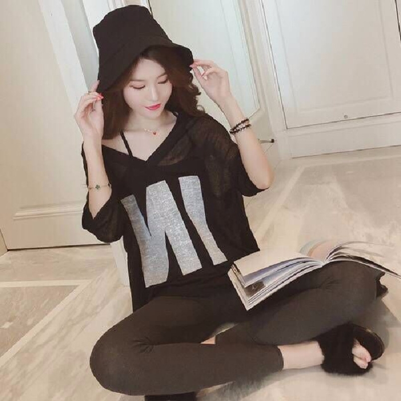Femmes demi manches T-Shirts amples col en v été casual lettre impression cultures hauts pulls T-Shirts Streetwear Y2K 2 pièces t-shirt + réservoir