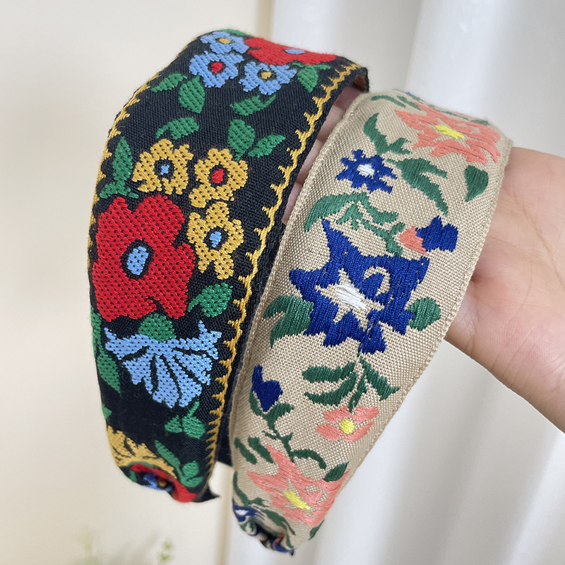 Nouveau Style bohème broderie bandeau ethnique à large bord cerceau de cheveux feuille fleur motif cheveux accessoires chapeaux
