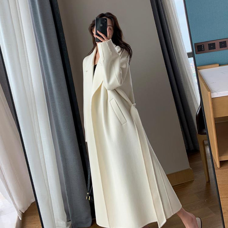Manteau long en laine mélangée avec ceinture pour femme, veste femme, coupe-vent, blanc, tempérament, optique, automne, hiver, mode haut de gamme, 99