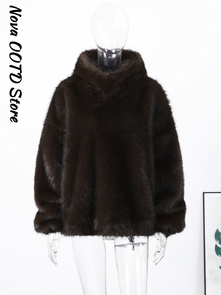 Hiver femmes fourrure à capuche fausse fourrure pull femmes ample manches longues chaud solide manteau 2026 printemps dame rue Chic vêtements d'extérieur nouveau