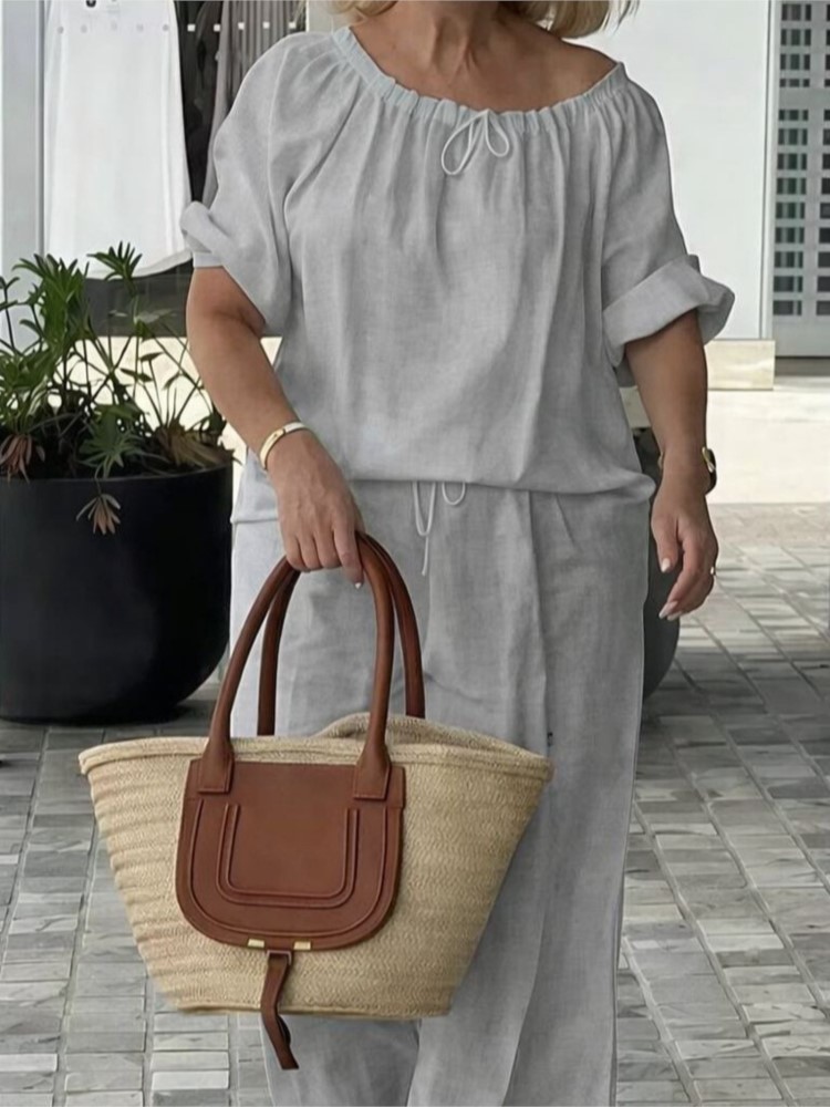Ensemble décontracté 2 pièces pour femme, nouvelle collection printemps-été, haut ample à col rond avec cordon de serrage et pantalon, ensemble deux pièces