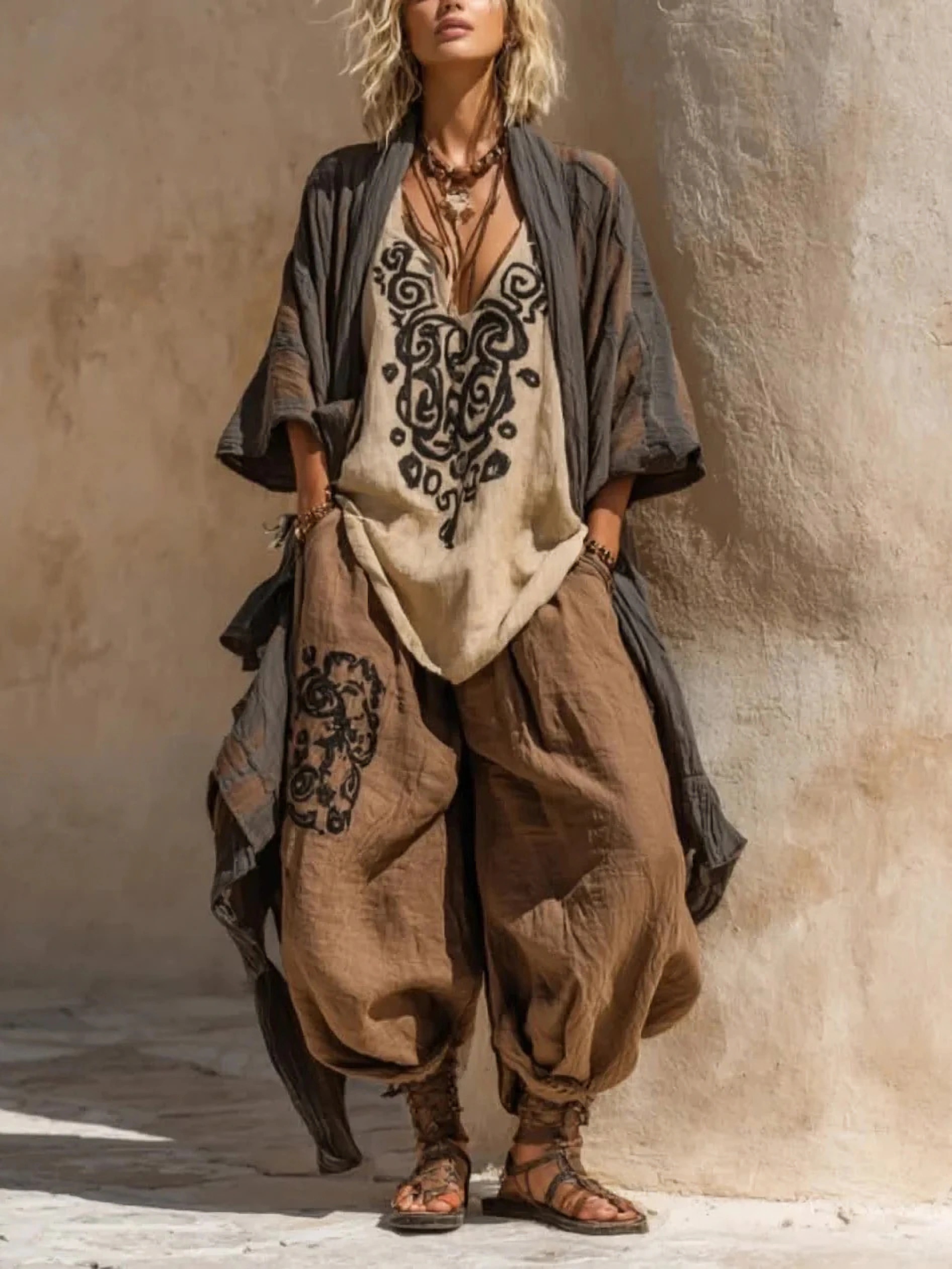 Tenue bohème 3 pièces pour femme, cardigan kimono long à devant ouvert tie-dye, chemisier imprimé à col en V et pantalon de jogging harem, ensemble décontracté ample