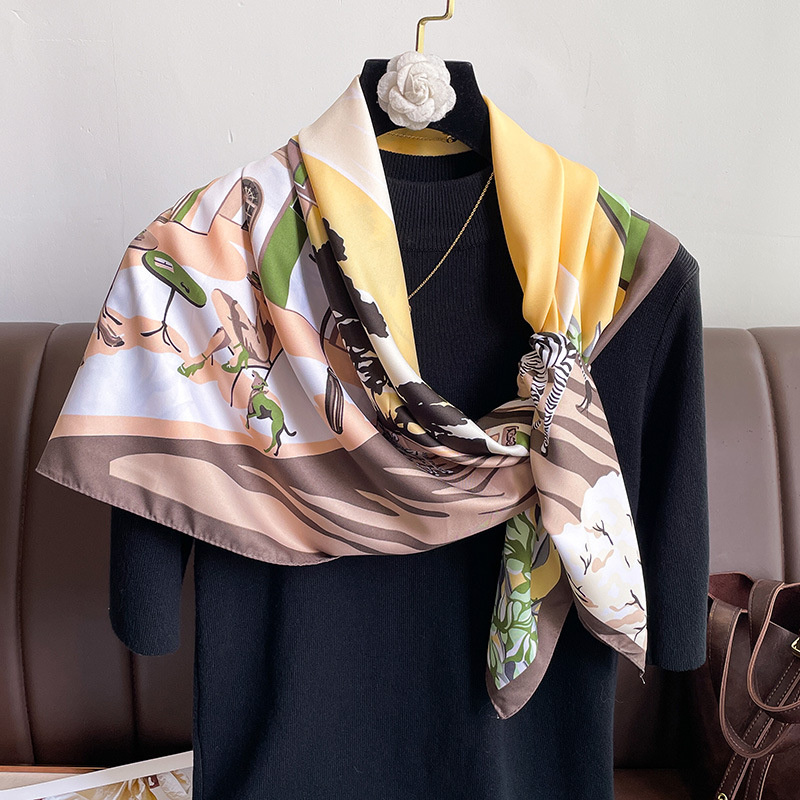 Foulard Carré de Marque de Luxe pour Femme, Design, Châle Rond 90cm, Imprimé Twill, Hijab, Bandeau de Sauna, Bandana, 2024