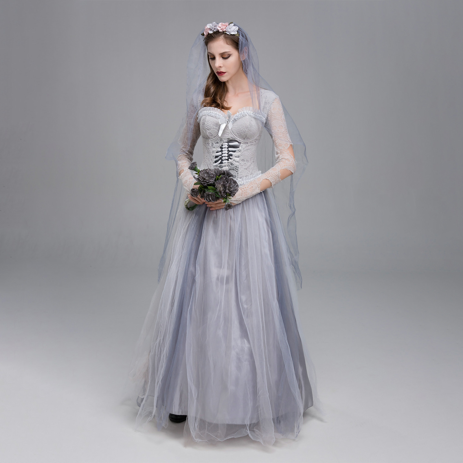 Costume de mariée morte d'halloween pour femmes, robe Corset de mariée fantôme cadavre et voile, ensemble bandeau Floral pour tenues de Cosplay