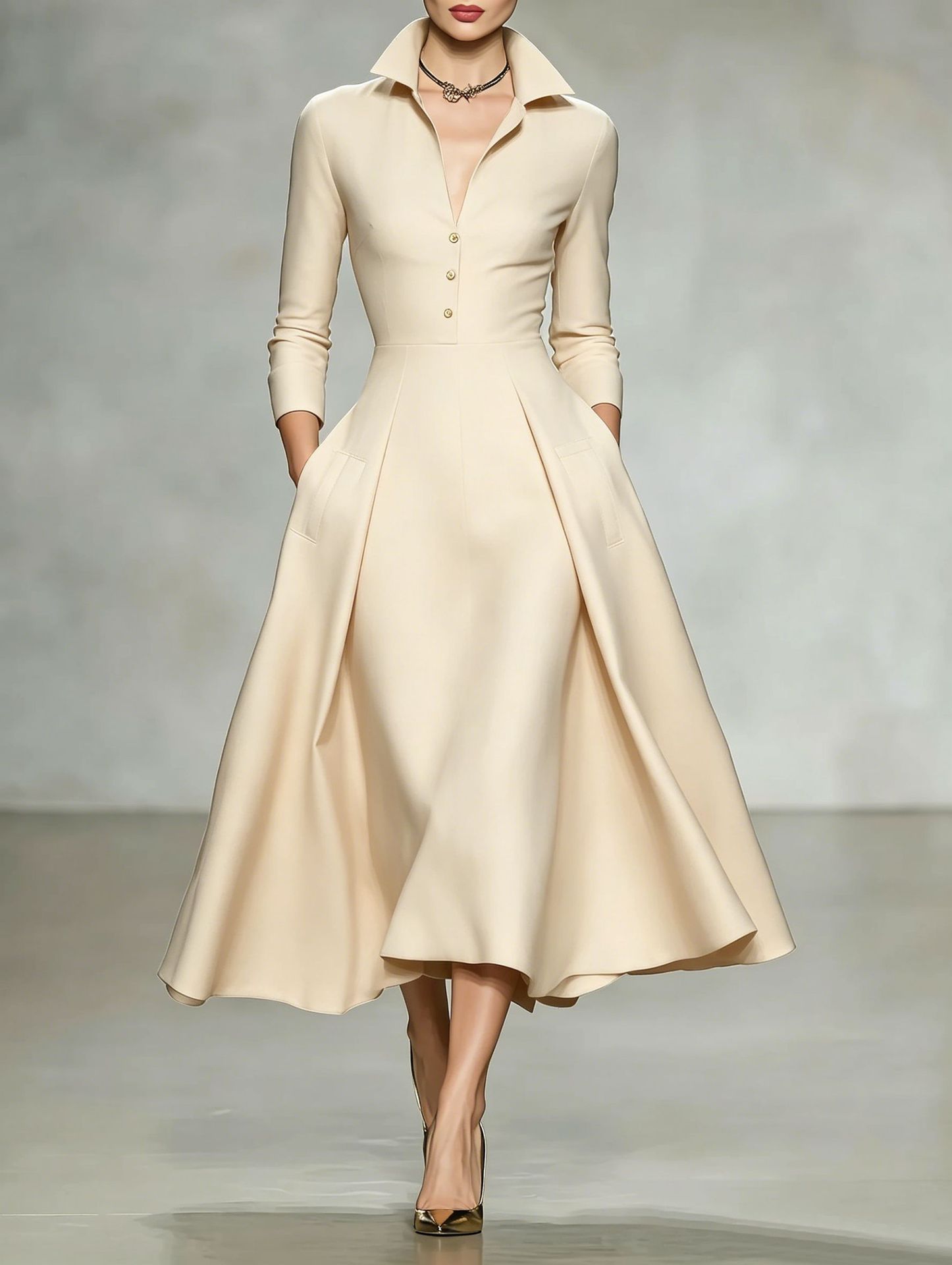 Robe midi élégante pour femmes, automne-hiver 2026, col en V, manches longues, taille cintrée, robe de bureau tendance