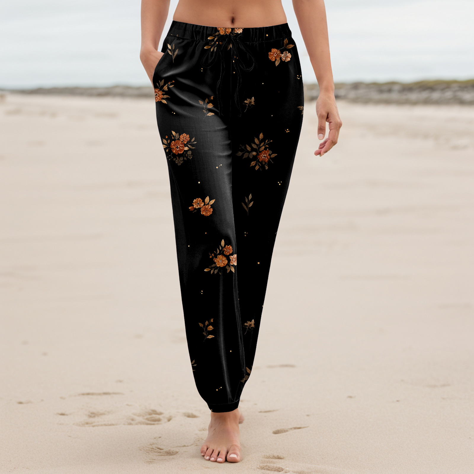 Pantalon de plage bohème à fleurs pour femmes, léger, décontracté, style harem, taille haute, avec poches, pour les vacances, pantalon long