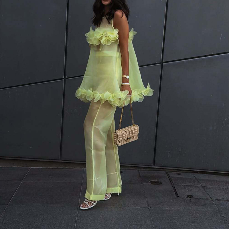 Ensemble 2 pièces décontracté pour femme : débardeur sans manches à col rond et pantalon long, imprimé floral, coupe ample, style sexy et transparent, idéal pour la plage ou les soirées d'été