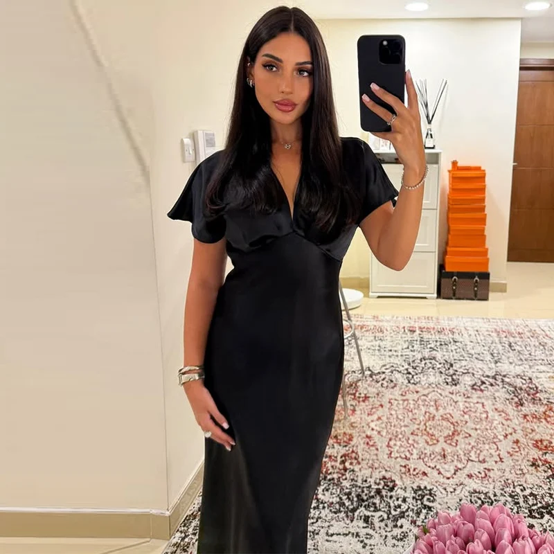 Robe longue en Satin plissée pour femmes, élégante, couleur unie, col en v, manches courtes, Robes de soirée, Chic, vacances, plage, été, 2025