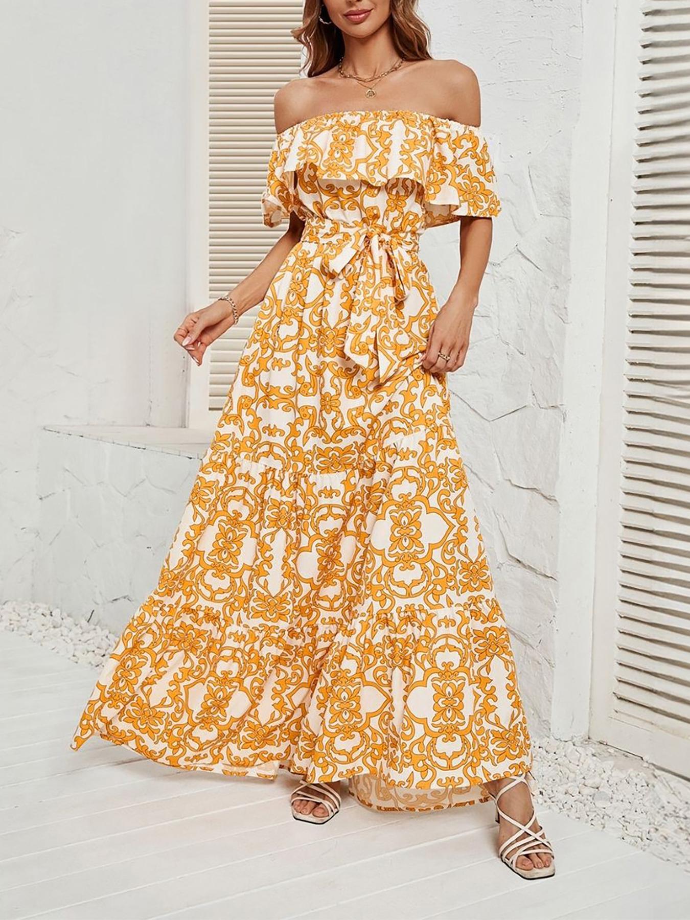 Robe longue décontractée à imprimé floral pour femmes, coupe trapèze, avec ceinture et poches, adaptée à toutes les saisons