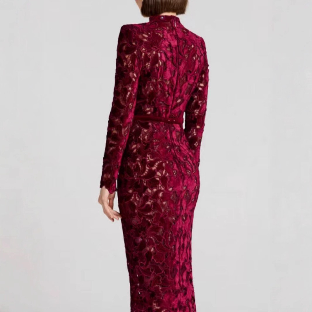 Robe élégante en jacquard pour femmes, manches longues, col haut, bordeaux, robe de soirée mi-longue, robe de cérémonie, robe de soirée pour mariage, qualité supérieure