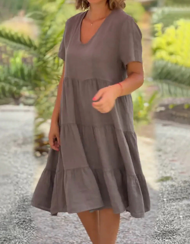 Robes décontractées en coton et lin pour femmes, douce, manches courtes, couleur unie, col en v, grande balançoire, ample, printemps/été, S-5XL, 2025