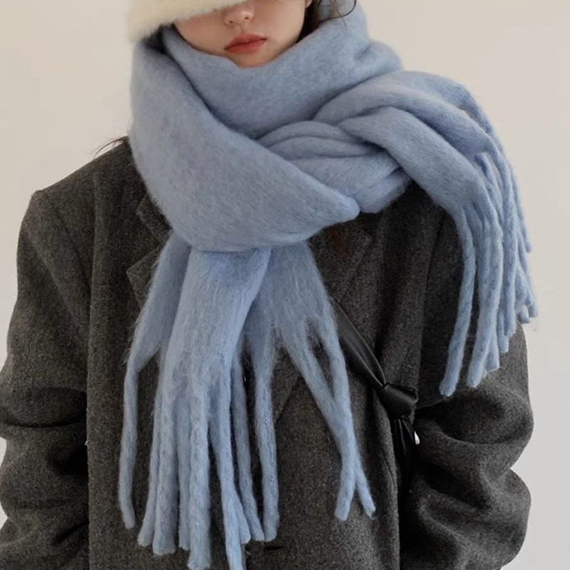 Écharpe d'hiver douce, couleur unie, longue et chaude, à pampilles, Mohair épais, châles enveloppants pour femmes et filles, 1 pièce