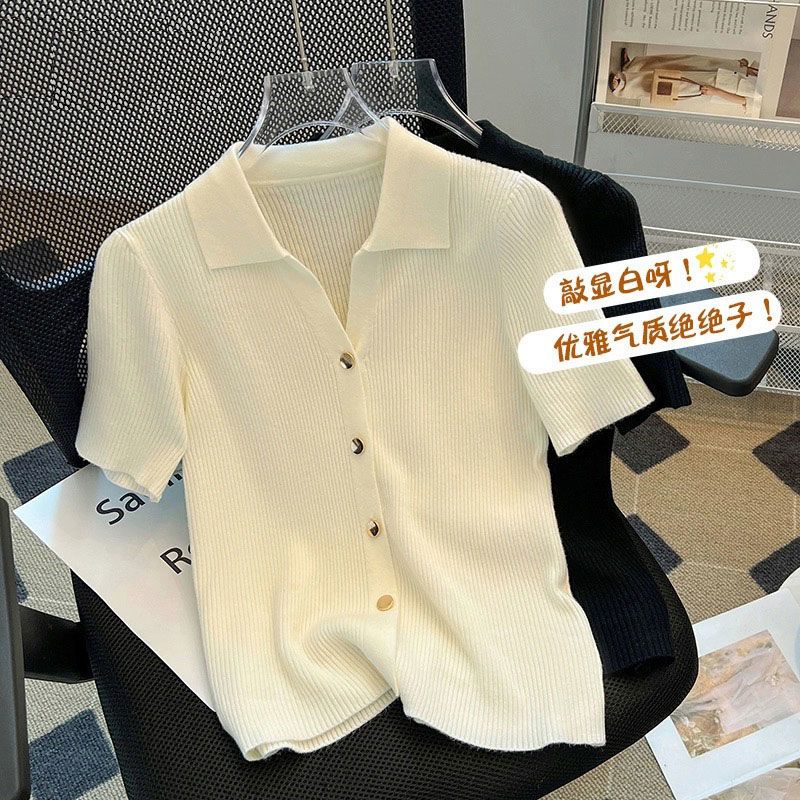 T-shirt à Manches Courtes en Tricot pour Femme, Vêtement Chic, Col Polo, Décontracté, Fin, Assressenti, Solide, Respirant