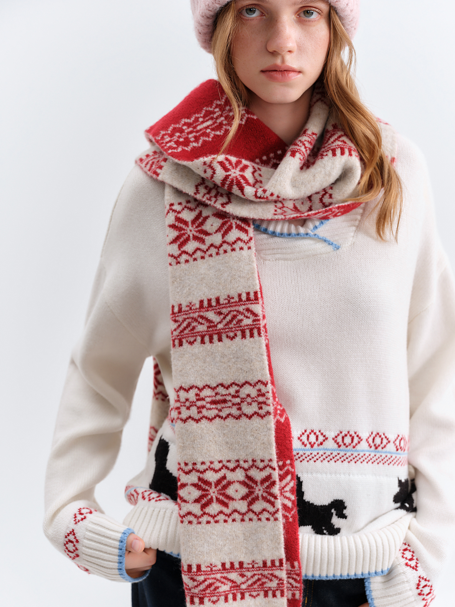 FSLE écharpe de noël bleu Enfer Island Tribal Totem vague conception Symian élément motif rouge foulards pour automne hiver 2025 nouveau