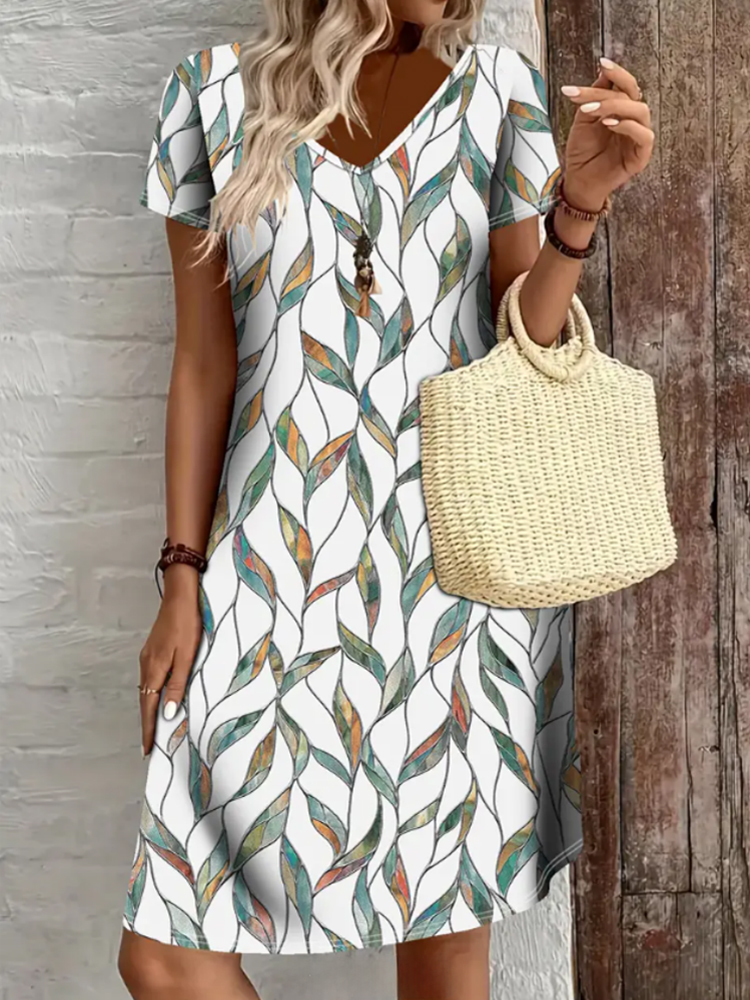 Robe courte imprimée décontractée pour femmes, élégante et rétro, col en v, manches courtes, droite, longueur aux genoux, été
