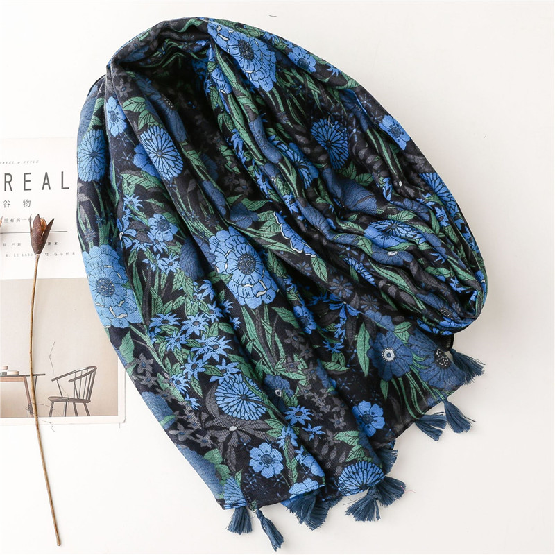 Aztec – châle en Viscose avec imprimé Floral bleu marine, écharpe de haute qualité, foulard doux, Hijab musulman, 180x90Cm