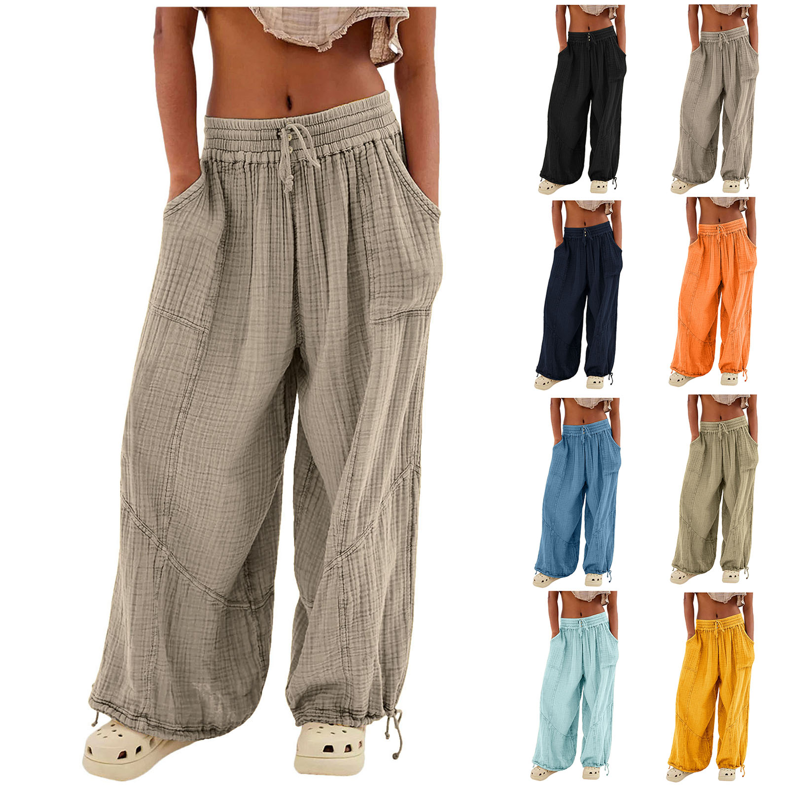 Pantalon de Plage en Lin pour Femme, Sarouel à Jambes Larges, Taille Haute, lèvent de Proximité, Wstring, Grande Taille avec Poche