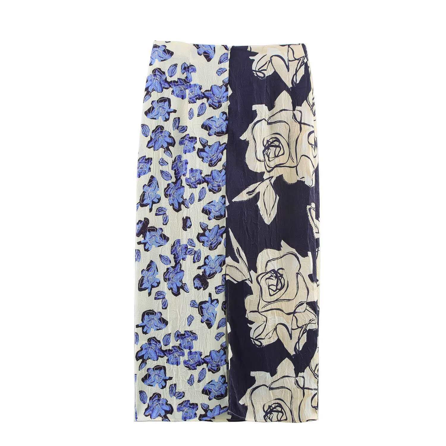Jupe décontractée en satin imprimé pour femme, longueur midi, coupe trapèze, texture soyeuse, style urbain, tendance euro-américaine, saison estivale