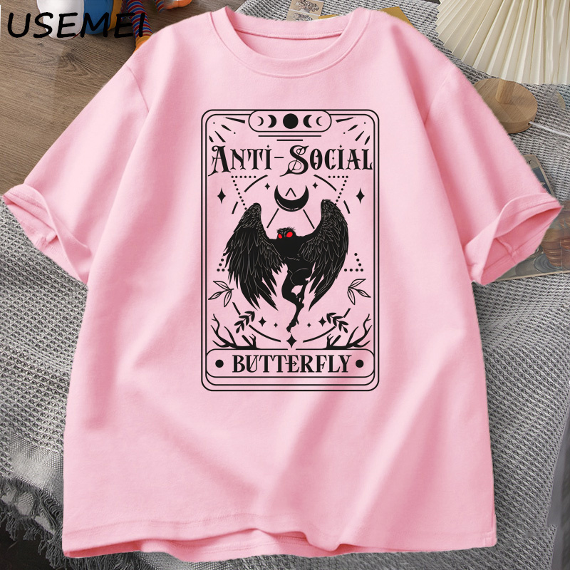 T-shirt manches courtes col rond homme, streetwear décontracté, vintage, en coton, avec carte de tarot papillon imprimé, Mothman