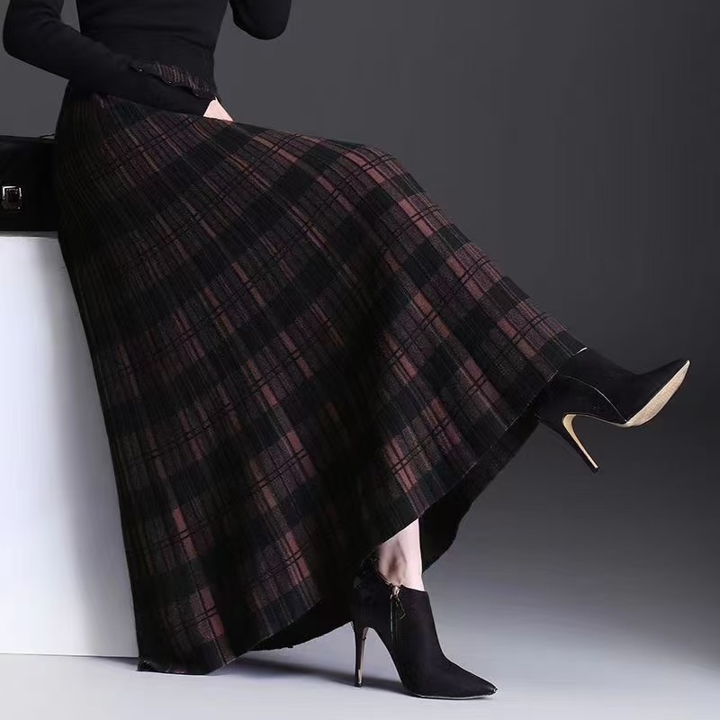 Jupe longue en tricot à carreaux pour femme, taille haute élastique, coupe A-line, épaisse, pour l'automne et l'hiver