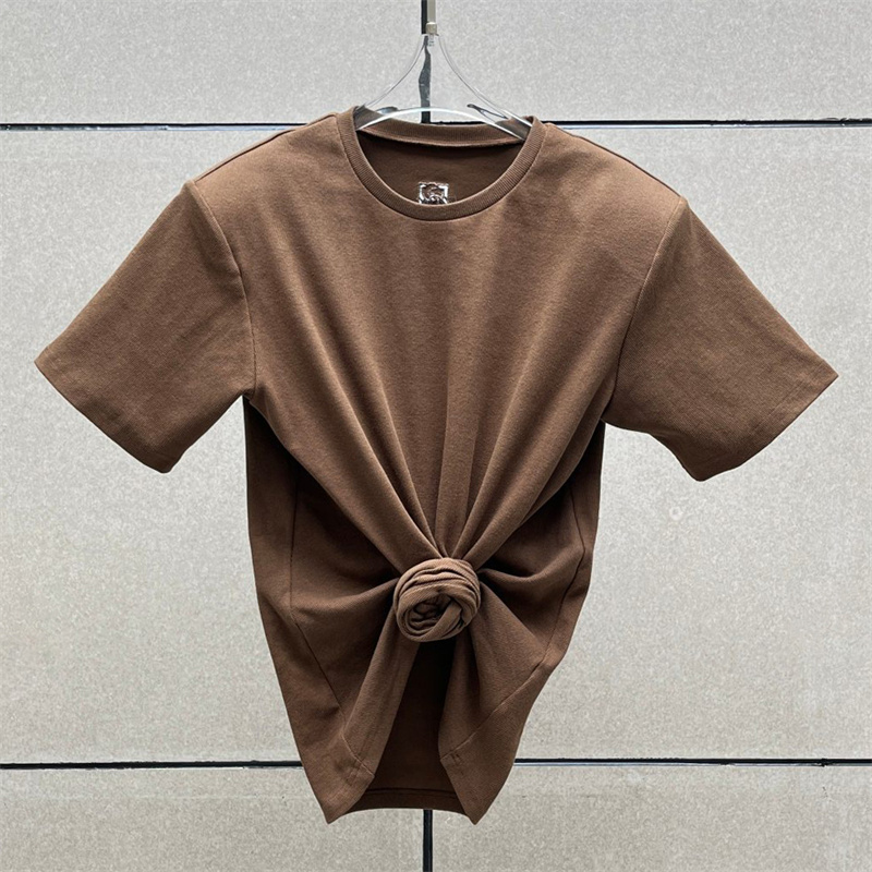 T-shirt femme 2025 été nouveau haut à manches courtes tricoté élastique fleur 3D décoré col rond pull pur coton haut court
