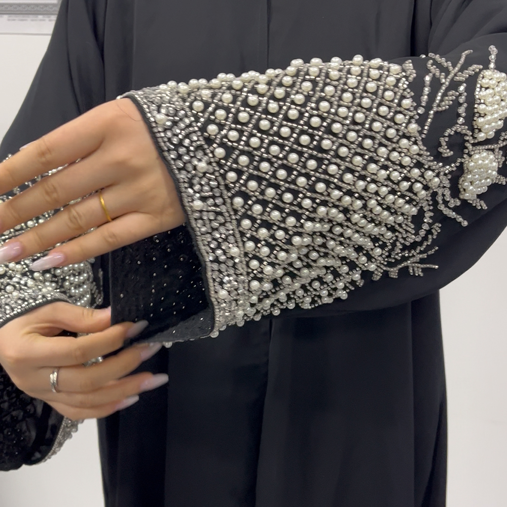 Abaya Modeste Eid Dubaï Printemps-Été pour Femme, Robe Musulmane Turquie Maroc, Kaftan Perlé Élégant de Luxe, Kimono, Ensemble Abaya et Hijab