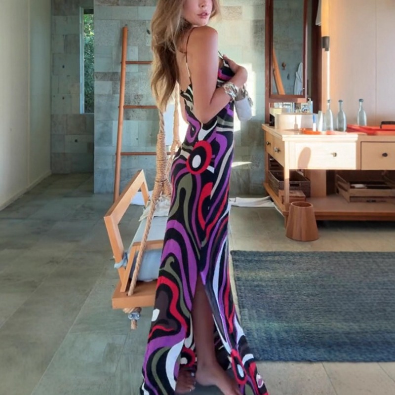 Robe longue en satin à imprimé abstrait vintage, sexy, décolleté en V profond, bretelles spaghetti, dos nu, moulante, longueur ras du sol, pour les vacances