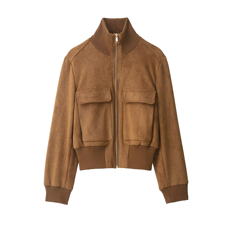 Vestes et Manteaux pour Femmes : Nouvelle Collection – Blouson Court en Suédine Côtelée Tendance, Col Montant, Manches Longues – Idéal Automne Hiver
