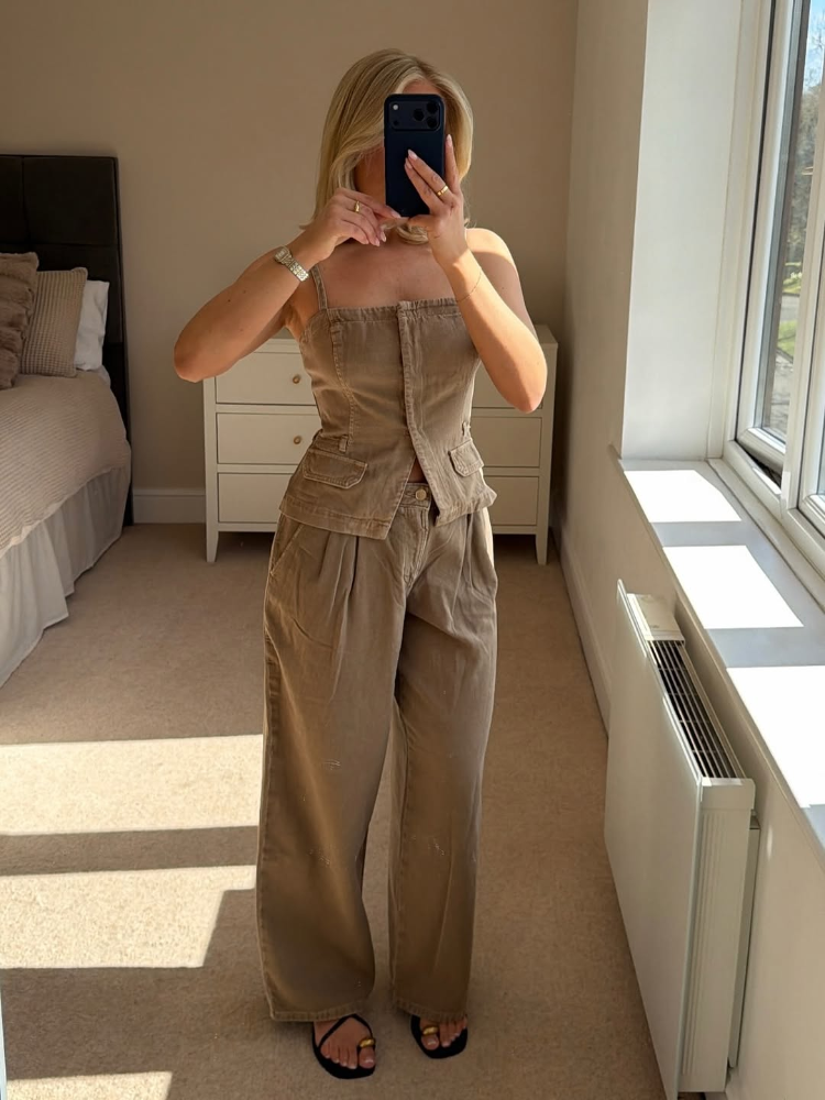 Ensemble Gilet en jean à col montant et pantalon large, haut sans manches à taille élastique, pantalon plissé, mode printemps 2026, chic et audacieux, pour femme