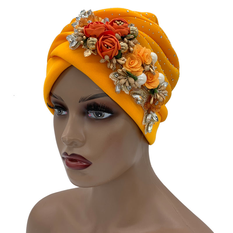 Nouveau Turban Africain Scintillant pour Femme, Coiffe de Fête, Foulard Musulman, Bonnet, Chapeau 2023 avec Bouquet de Strass