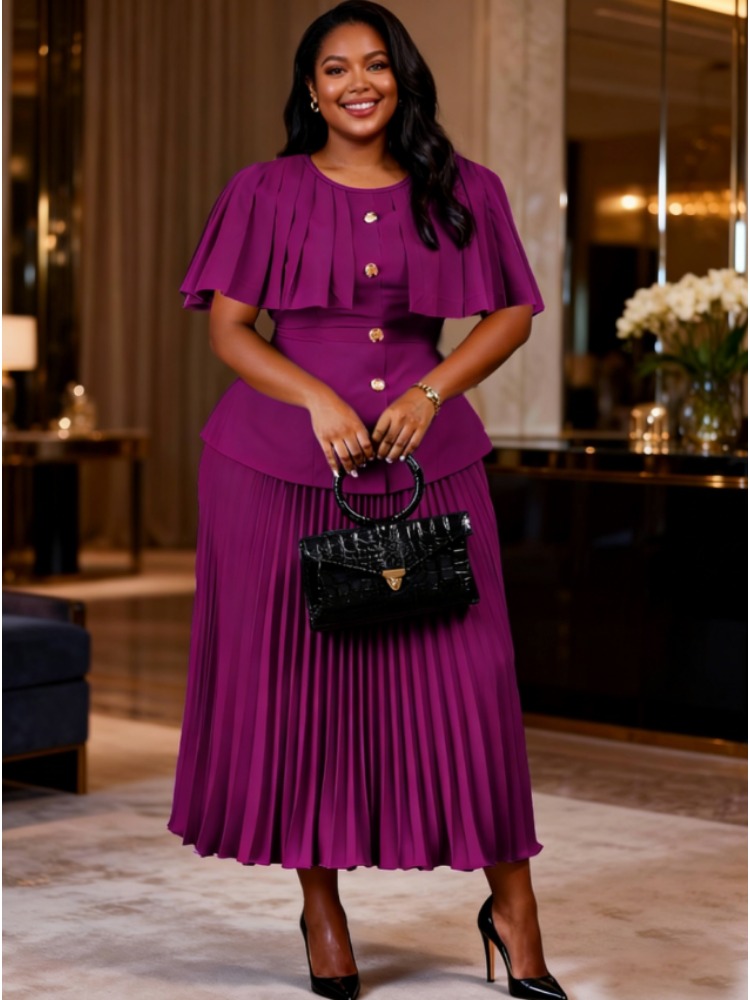 Ensemble deux pièces élégant pour femmes, style cape à col rond et boutons, hauts et jupe plissée taille haute, pour les occasions de fête, les événements professionnels et les occasions spéciales