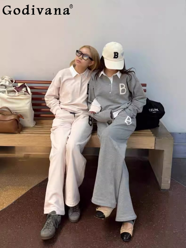 Ensemble assorti décontracté pour femme avec lettre B japonaise, vêtements de sport, collection Printemps 2026, sweat-shirt à col polo et pantalon, ensemble 2 pièces