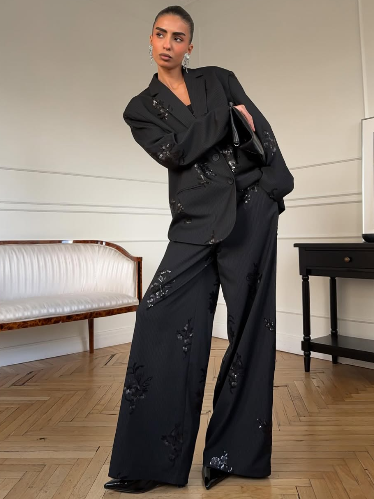 Costume chemise à paillettes pour femmes, élégant, revers, manches longues, haut, taille élastique, pantalon, ensemble 2 pièces, costumes de printemps de rue, 2026