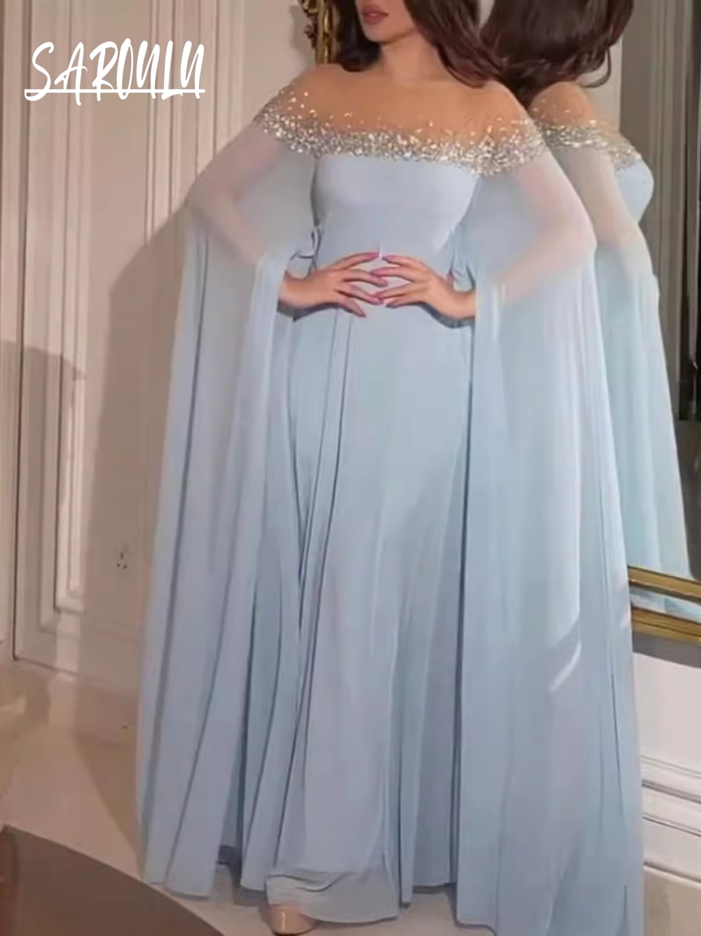 Arabe élégant en mousseline de soie cristaux Banquet porter pour les femmes musulmanes Cape manches brillant robe de soirée 3 couleurs charmante robe de bal