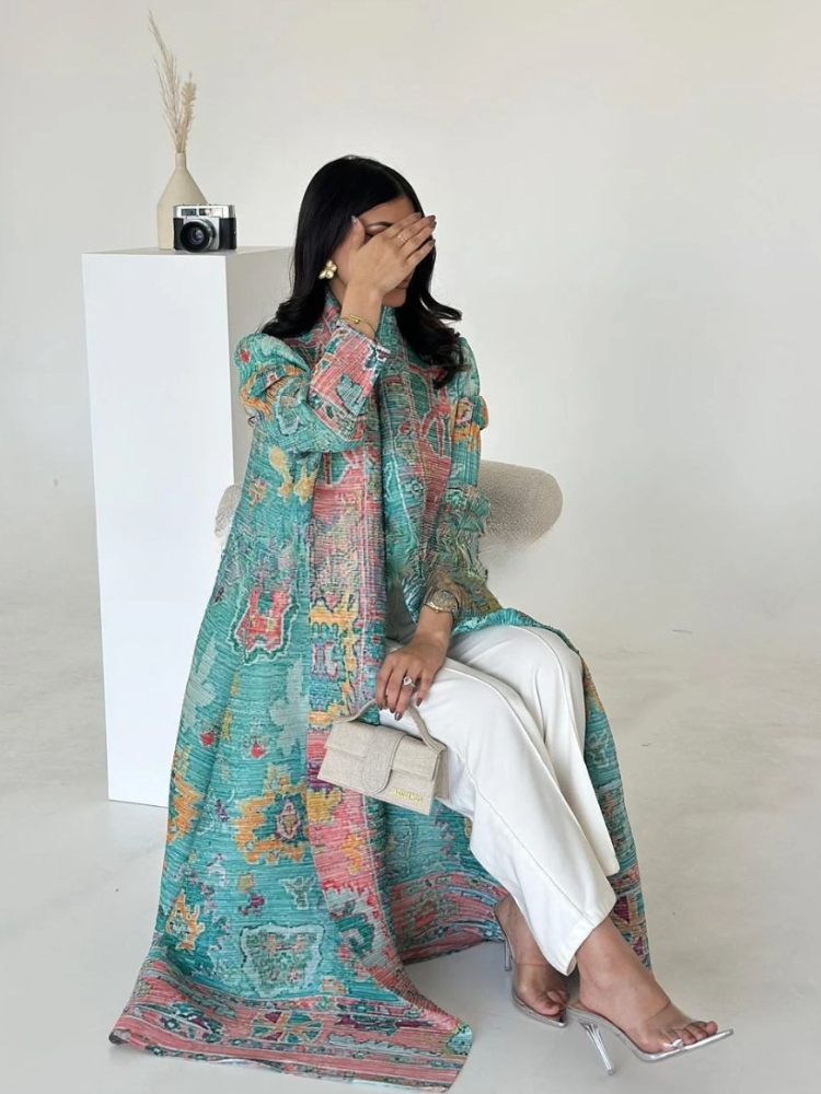 Robe musulmane ouverte Abaya pour femmes, Maxi, plissée, extensible, Cardigan, imprimé marocain, dubaï, Kaftan, Islam, Jalabiya