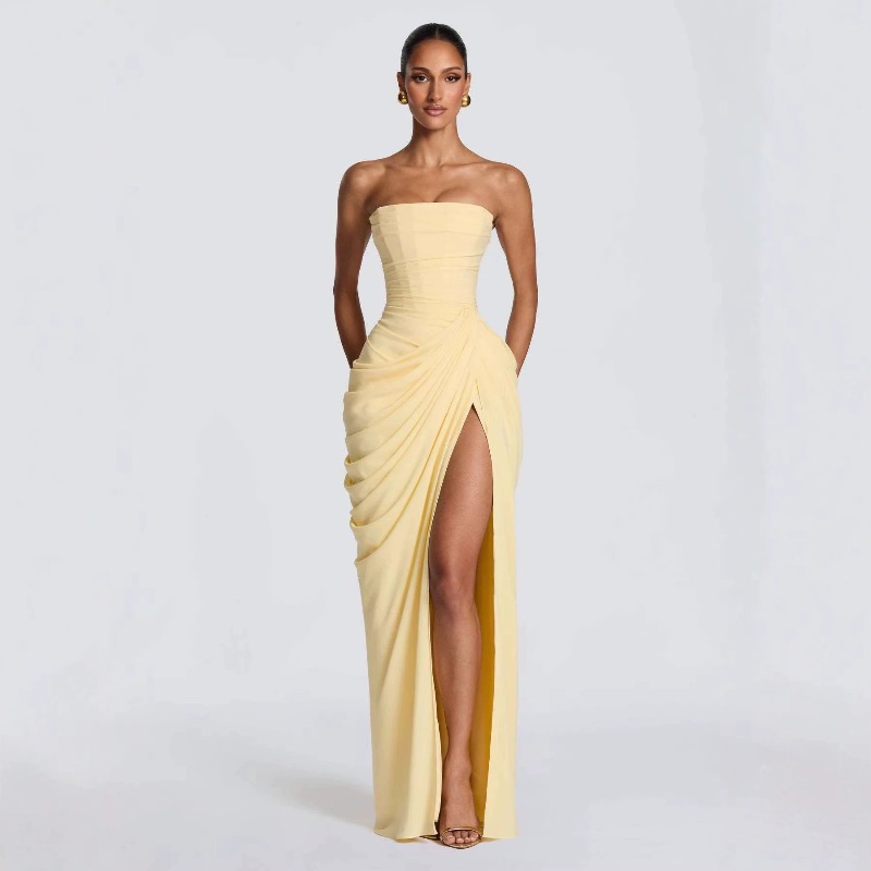 Robe longue bustier froncée avec fente haute sur la cuisse - Robe de soirée élégante pour mariage, bal de promo, soirée romantique, mode
