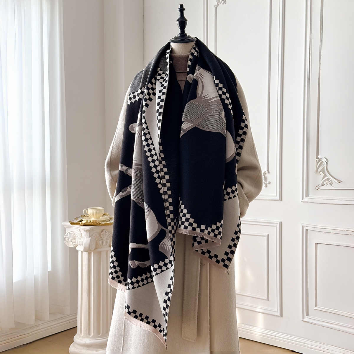 Écharpe de luxe en Faux cachemire épais pour femmes, châle doux chaud d'hiver à carreaux et imprimé cheval de guerre pour voyage et usage quotidien