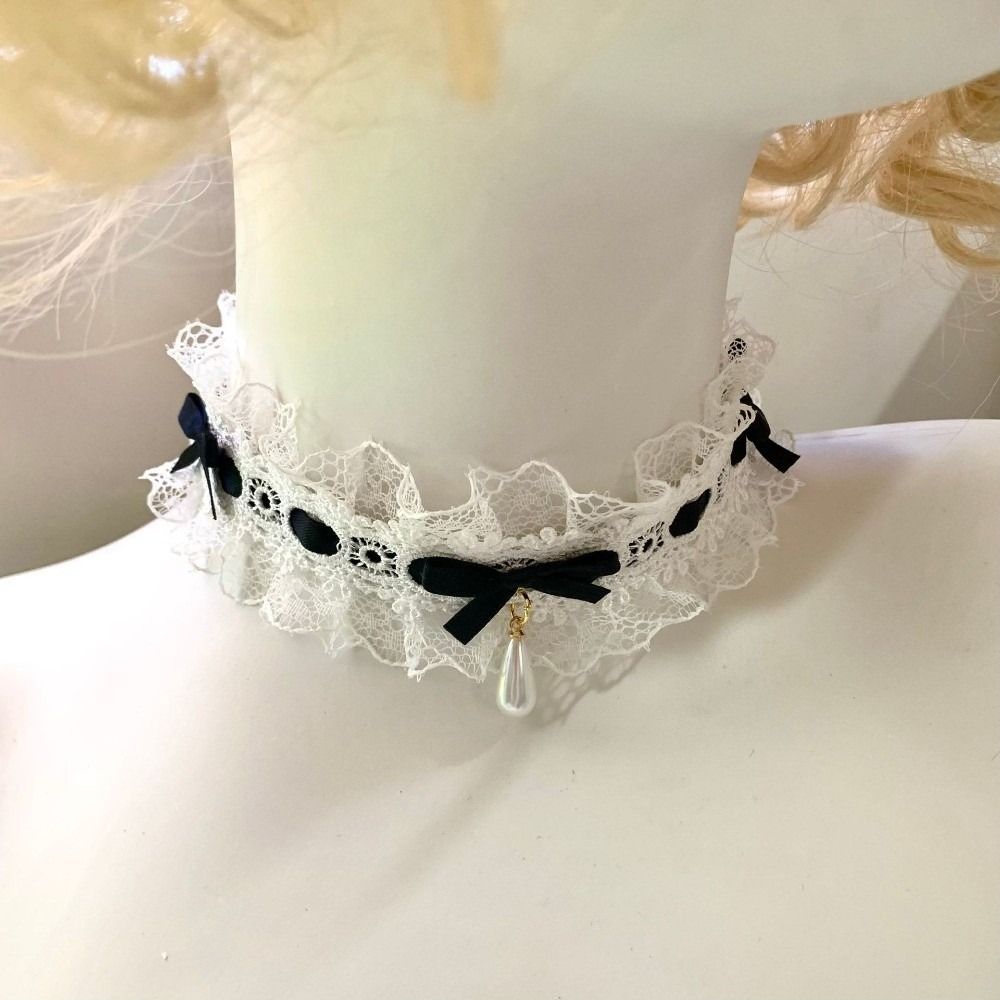 Collier en dentelle Lolita avec nœud en tissu, ruban en satin et pendentif goutte d'eau pour femme
