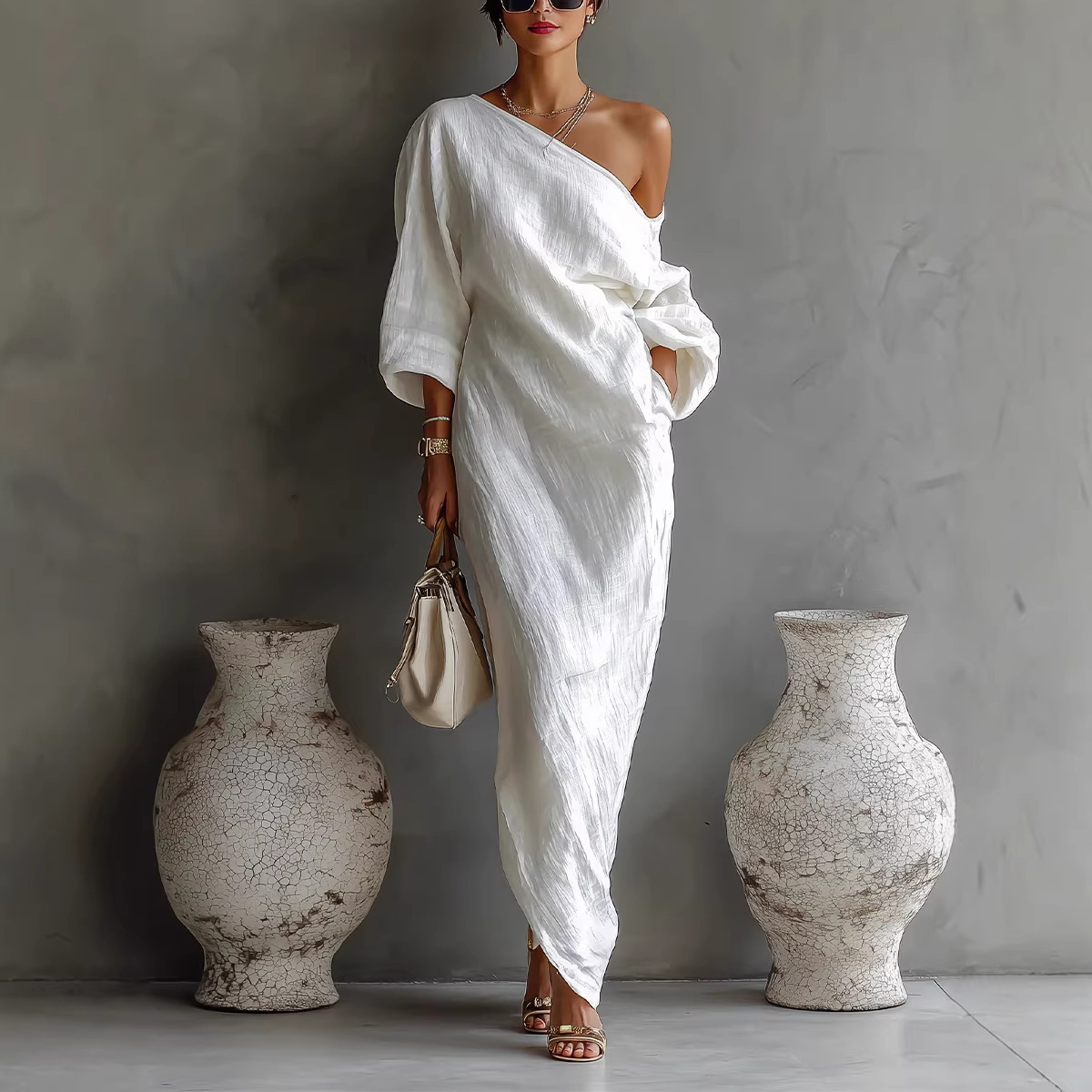Robes pour femmes Printemps/Été 2026 Nouvelle Collection Haut de Gamme Robe Longue à Manches Longues Épaules Dénudées Taille Mi-Haute Vêtements Féminins Vestidos