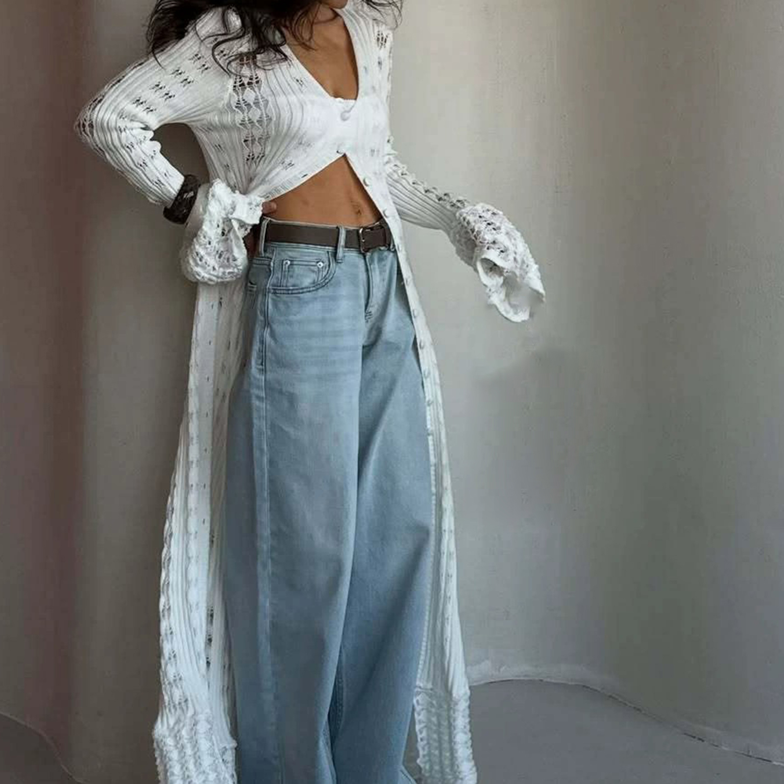 Cardigan Long pour femmes, mode Y2K, coupe cintrée, ouvert sur le devant, boutons, pull ajouré, col en V, manches longues, hauts tricotés, vêtements