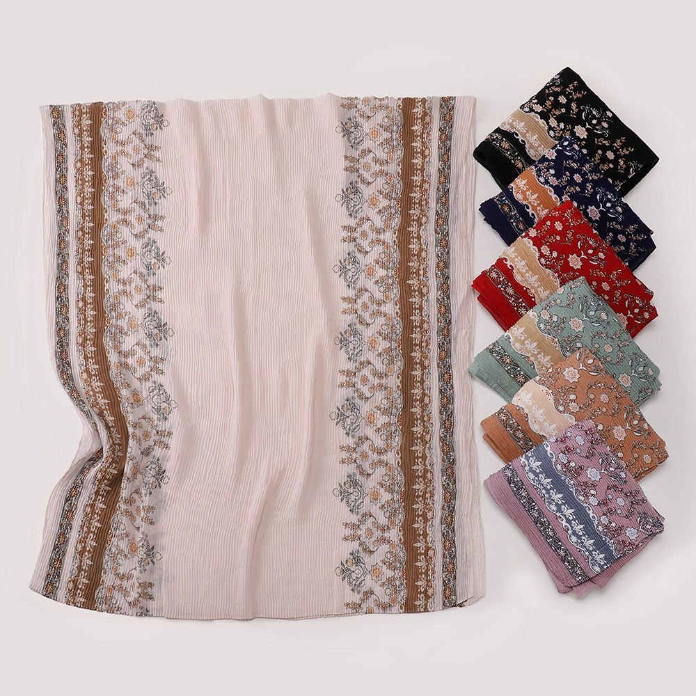 Hijab froissé à imprimé floral vintage de style turc, châle doux et respirant pour femmes musulmanes, idéal pour le quotidien.